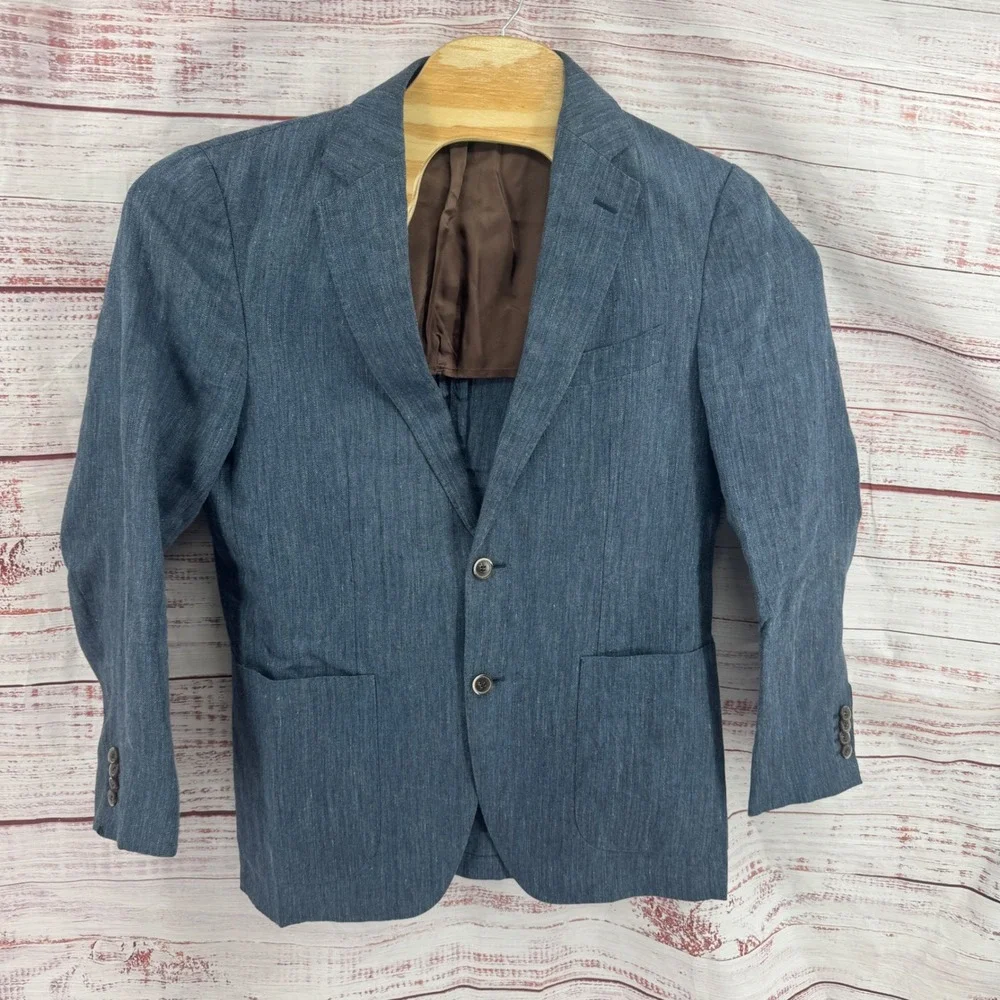Suitsupply 2 Piece Suit 40R Jacket Pants Havana Blue Pure Linen Herringbone Slim